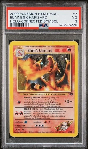 2000 POKEMON GYM CHALLENGE HOLO-CORRECTED SYMBOL #2 BLAINE'S CHARIZARD PSA 3