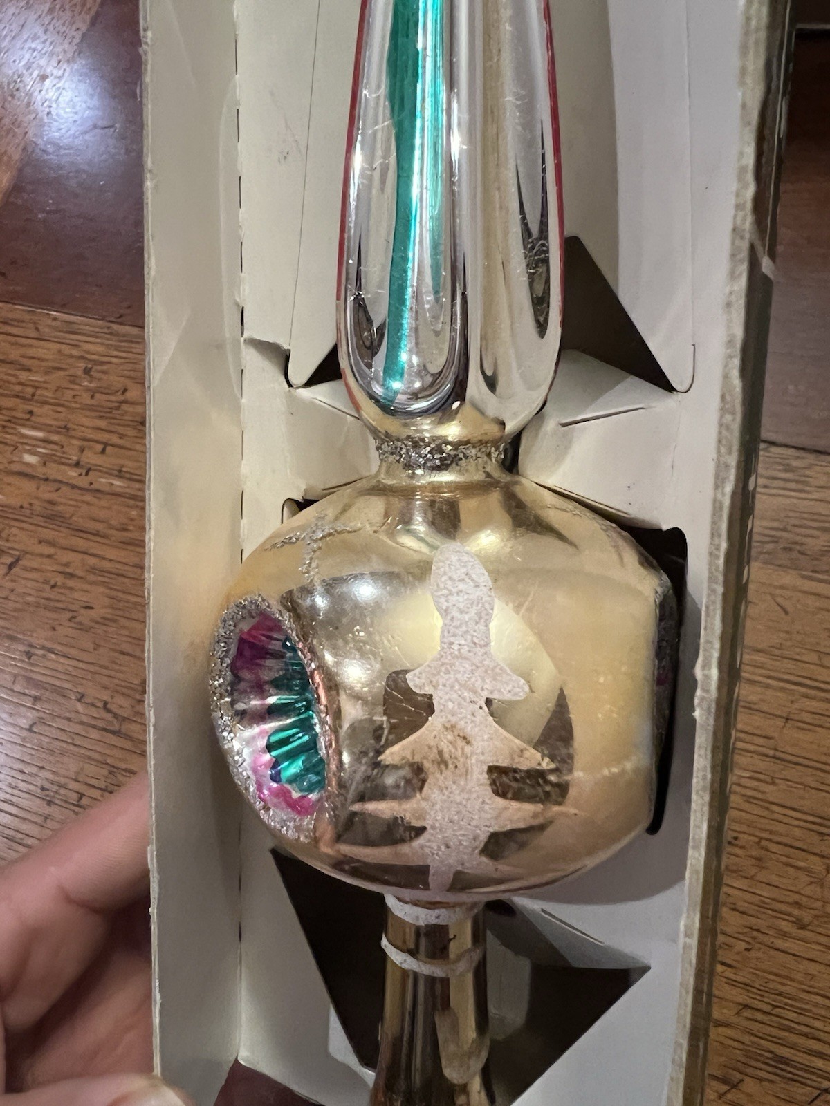 Vintage Glass Mica Triple Indent Fantasia Polish Christmas Tree Topper 11.25”