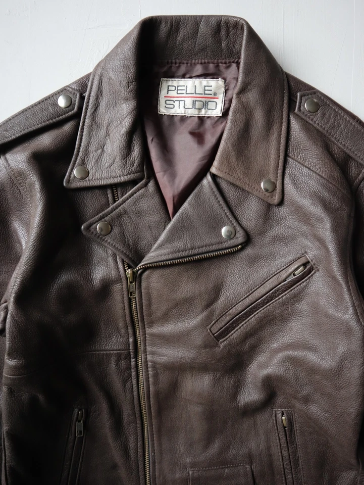 Vintage 90s Pelle Studio Biker Leather Motorcycle Jacket Brown Size S Belted - Image 2 of 4