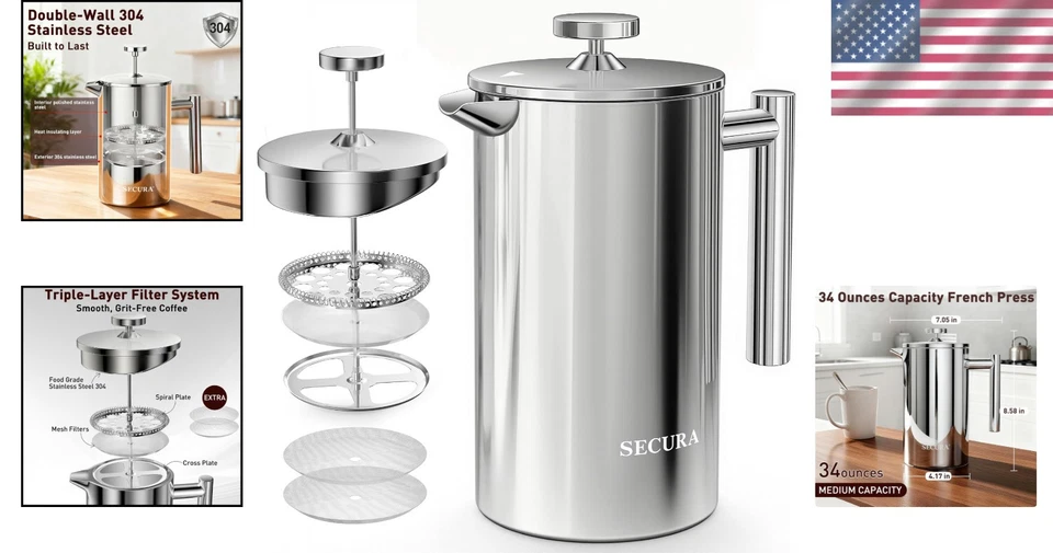 Cafetera prensa francesa aislada - Acero inoxidable 1L con filtro reutilizable Foto 2 de 4