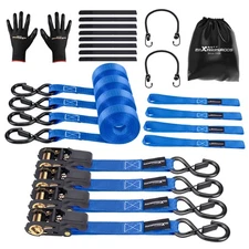 Blue Ratchet Tie Down Set 1 inch 15ft 2200 lb Safety Clip for Transport for ATV