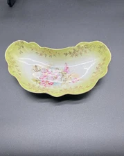 Porcelain Bone Dish Wavy Crescent Shaped Floral Flowers Green Gold Trim Vintage