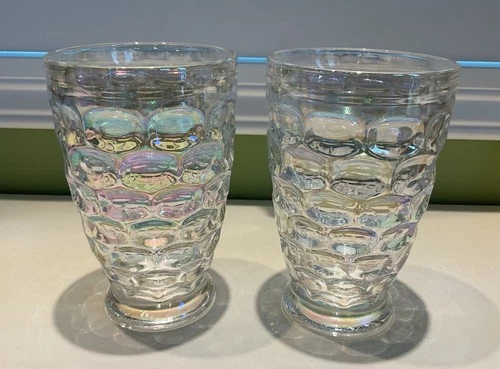 Vintage Federal Glass Colonial Iridescent Thumbprint Glass 2  Tumblers
