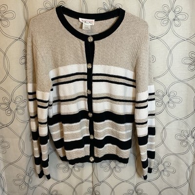 Talbots Cream Navy White Striped Buttoned Up Long Sleeve Sweater Size Large