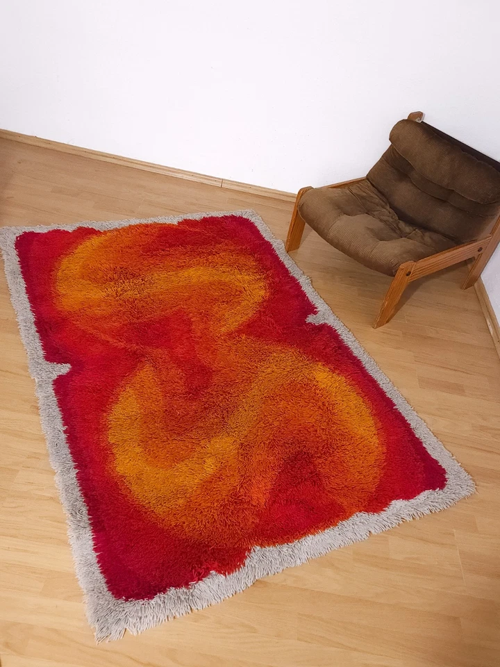 DESSO Allegro shag dralon wool rug orange yellow red vintage Mid Century 60s 70s Foto 2 de 4