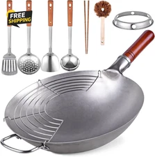 Carbon Steel Wok Traditional Hand Hammered - 13.4" Chinese Woks round Bottom Wok