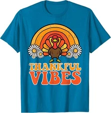 Thankful Vibes Turkey Rainbow Funny Retro Design Unisex T-Shirt