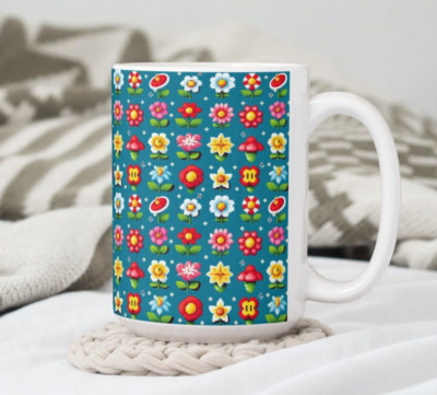 Colorful Pixel Cartoon Flowers Coffee Tea Mug Cup 15 Oz Ceramic by Mugzan NEW