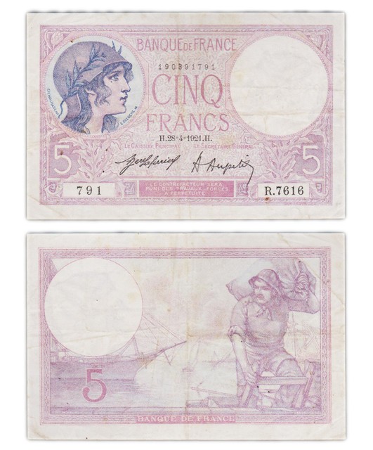5 Franchi 1921 Francia - Viola - P72b (R.7616) PY6517 5 Franchi 1921 Francia - Viola - P72b (R.7616) PY6517