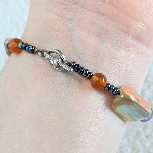Pink Abalone Shell Purple Amethyst Orange Carnelian Stone Seed Beaded Bracelet - Picture 12 of 12
