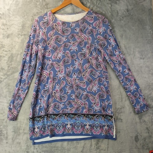 J.Jill Damen 100% Pima Baumwolle Paisley Tunika Blau&Rosa Print Langarm Oberteil XS
