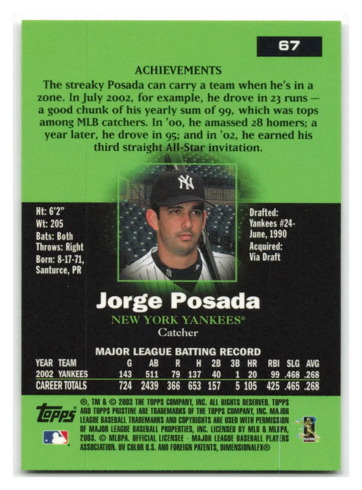 Jorge Posada 2003 Topps Pristine #67-NY YANKEES - Image 2 of 2