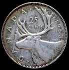1953 NSF LD CANADA 25 CENTS .800 SILVER - Queen Elizabeth II - TONED