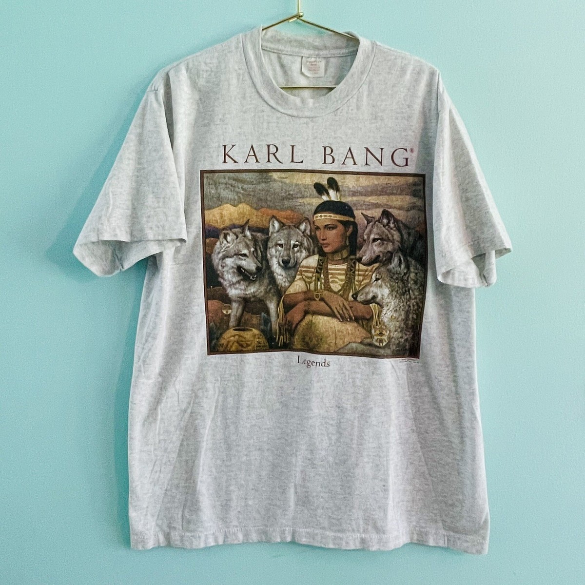 Vintage Native American Art Shirt Karl Bang Wolves Artist 90s XL