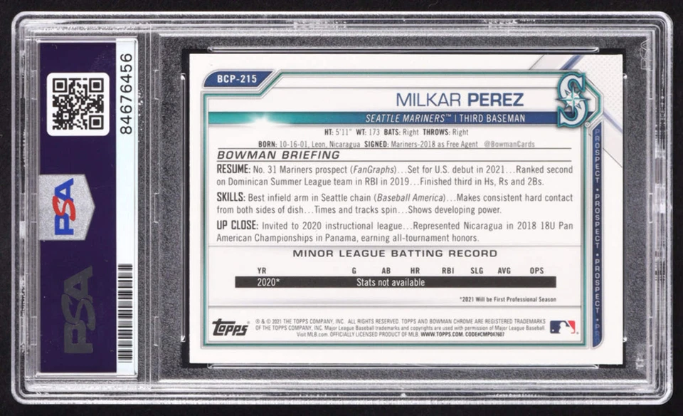 Milkar Perez Signed 2021 Bowman Chrome Prospects #BCP215 RC (PSA | Auto 10) Rook - Image 2 of 2