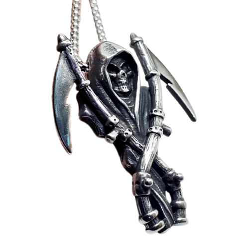 Collier pendentif Faucheuse Acier Squelette de la Mort Crâne Grande Faucheuse Chaîne 24" - Photo 1/17