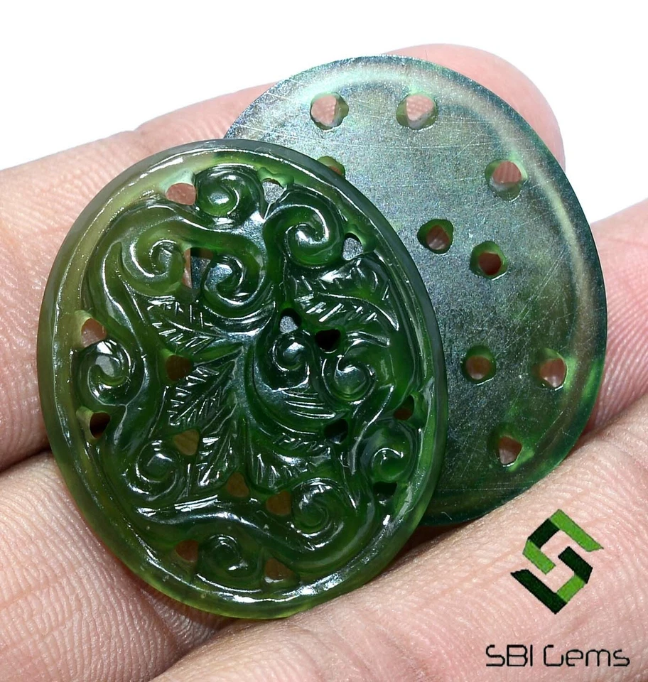 46.12 CTS Natural Serpentine Handmade Carving Pair 30x25 mm Loose Gemstones - Image 4 of 4