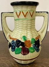 Basketweave Vase Handpainted Fruit/Flowers Made In Japan 5.5 inch