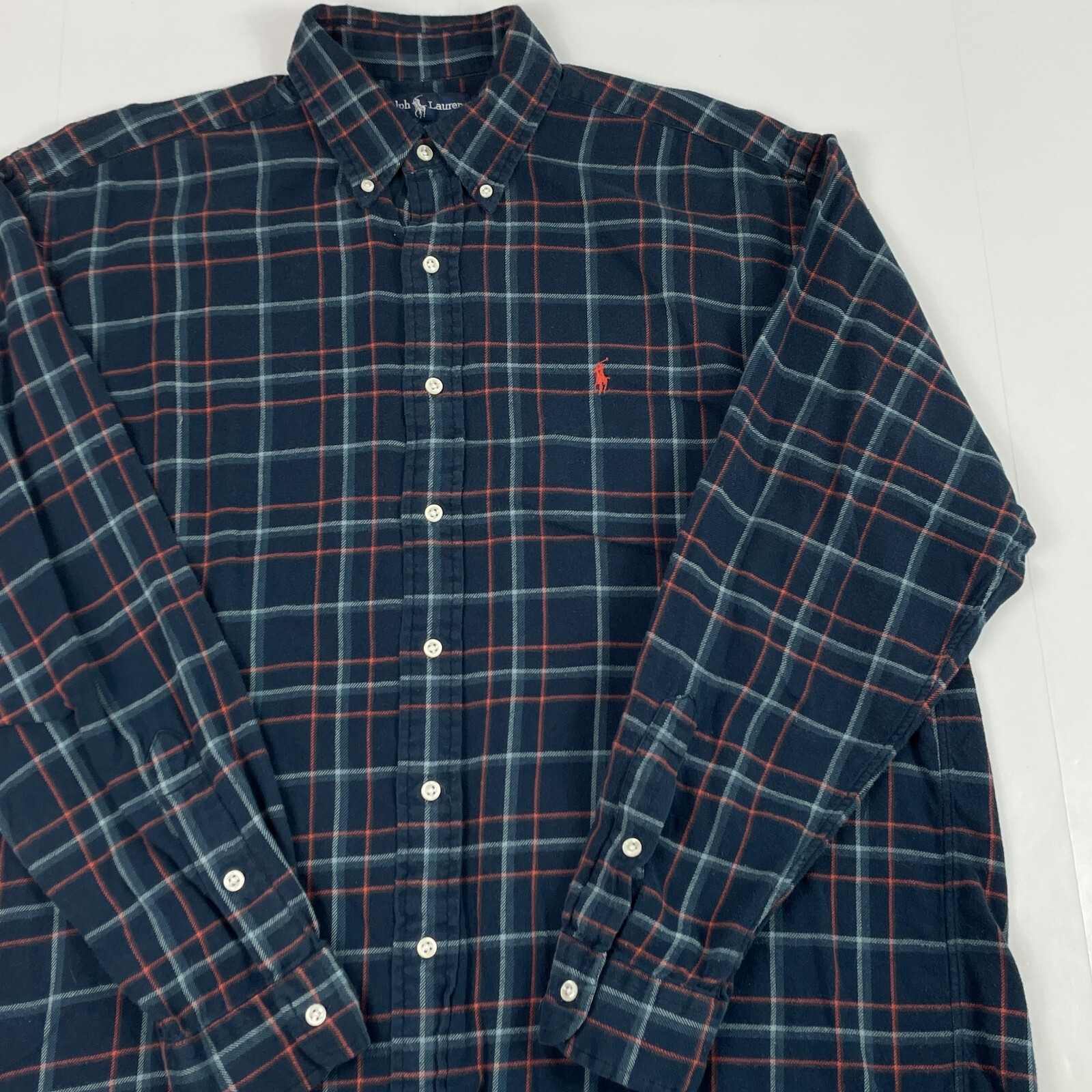 VINTAGE Ralph Lauren camicia uomo grande blu blake flanella bottoni pony plaid