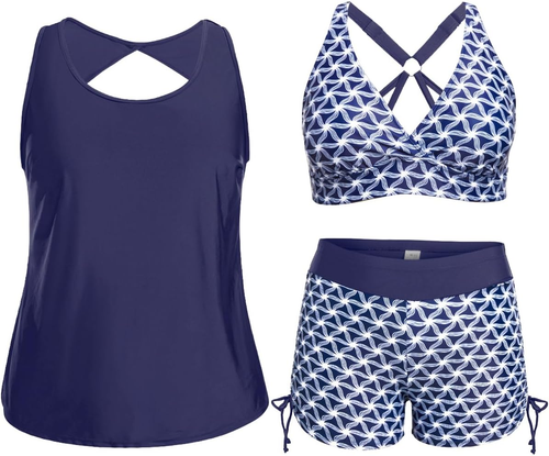 Women 3 Piece plus Size Tankini Swimsuits Tummy Control Bathing Suits with Sport - Picture 9 of 12