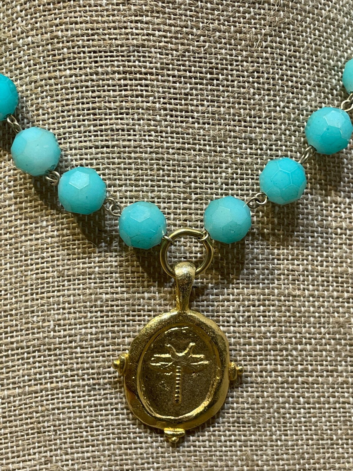 VINTAGE AQUA BLUE GLASS CRYSTAL ROSARY BEADED W/ GOLD… Gem