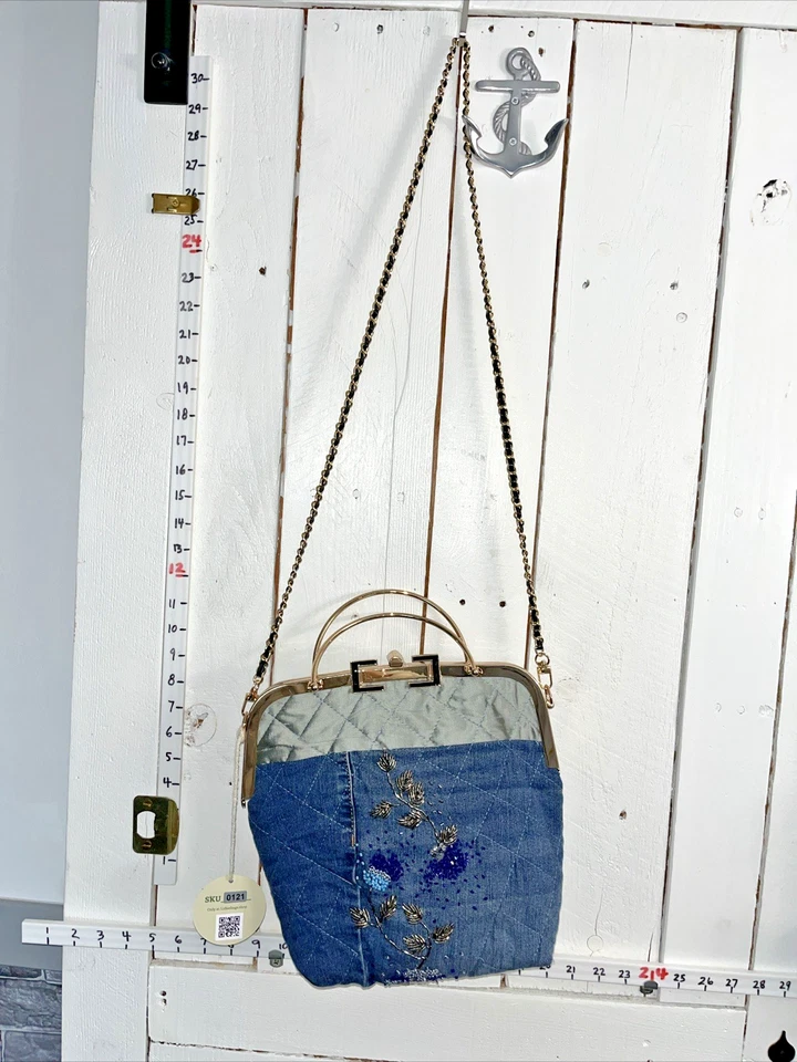 Up-Cycled Jennifer Lopez Brand Jeans Beaded Party Bag With Duponi  silk - Image 2 of 4