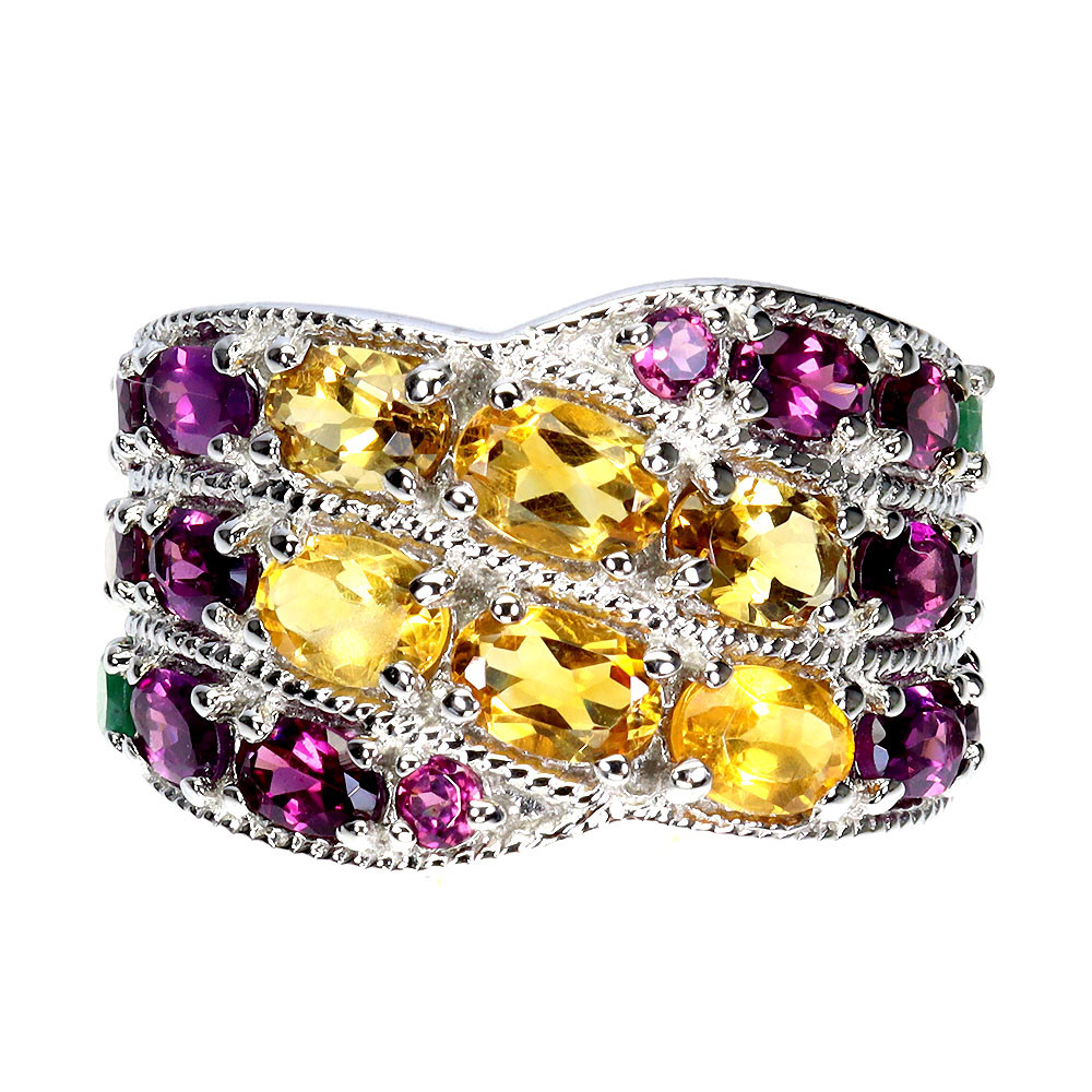 925 Sterling Silver Ring with Oval Citrine Emerald Rhodolite Gemstone Size 9