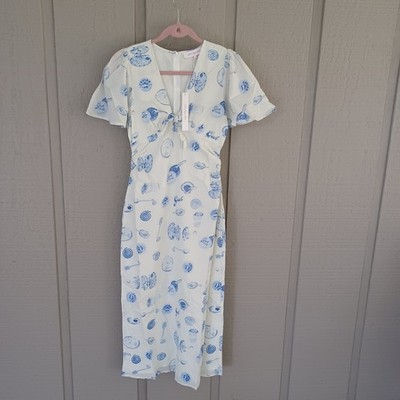 Lisa Says Gah Jess Midi Dress Size XS Women Preppy Cotton Flutter Sleeve V Neck