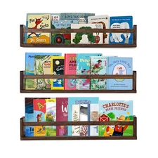 Nursery Book Shelves 24 in Set of 3 Walnut Floating Bookshelf for Kids Room W...