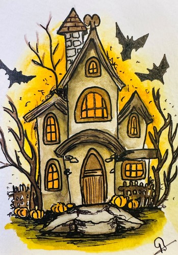 Haunted House ACEO Original Watercolor Painting Gothic Halloween Home Decor Art