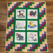 Vintage Handmade Baby Quilt Nursery Decor Woodland Animals 31.5"x39.5"