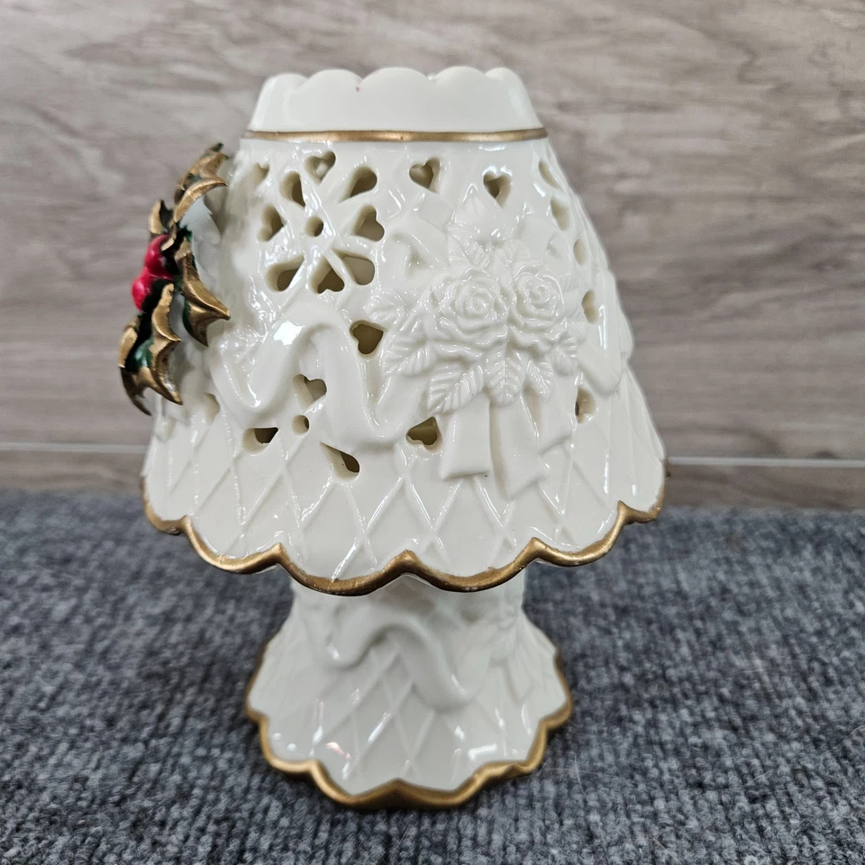 Abajur de fada de porcelana corte perfurado diamante suporte de vela floral acabamento dourado sombra - Imagem 2 de 4