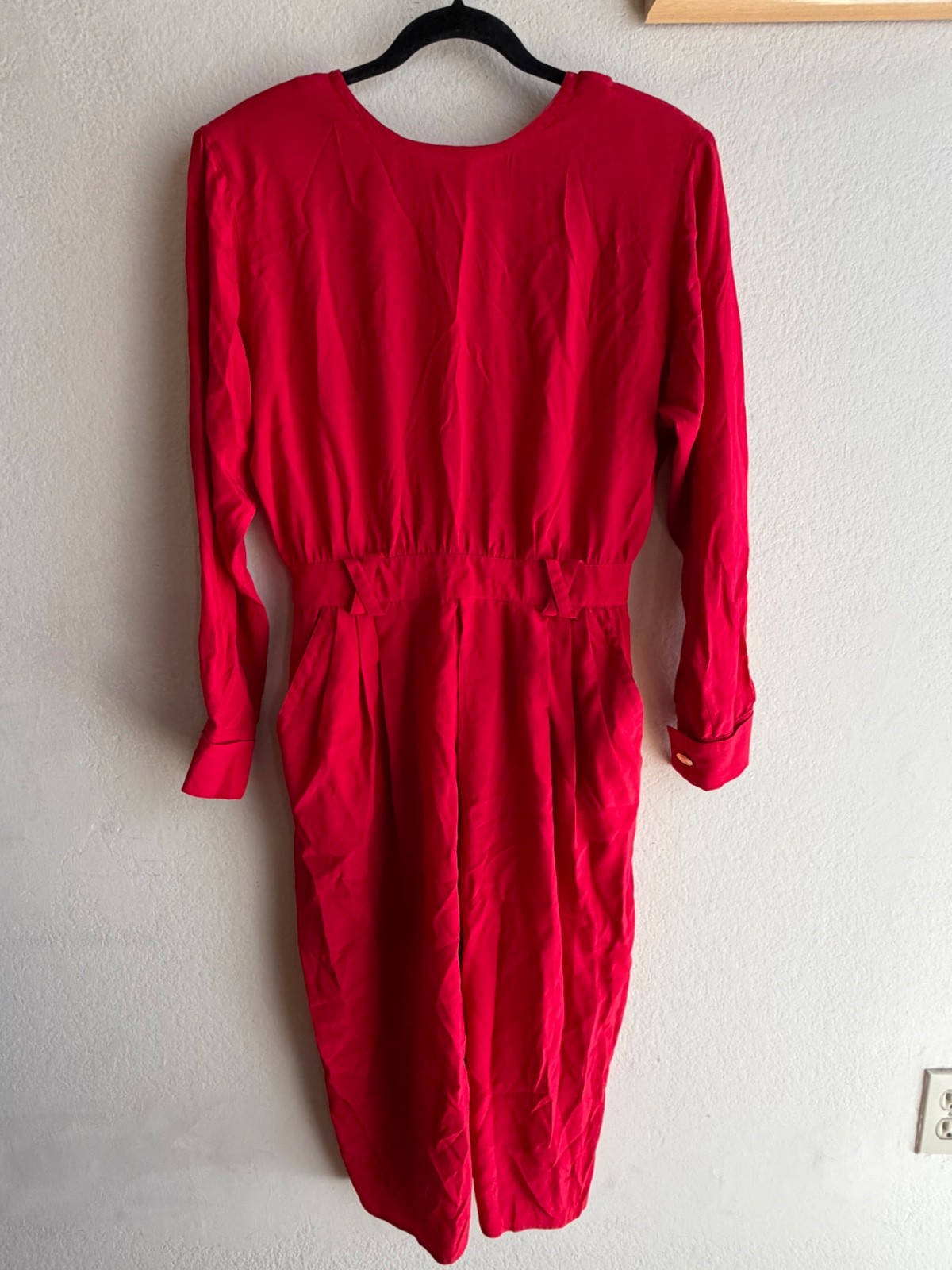 Rare Vintage Maggy London 80s Cherry Red Silk Casual Long-Sleeve Dress Size 8