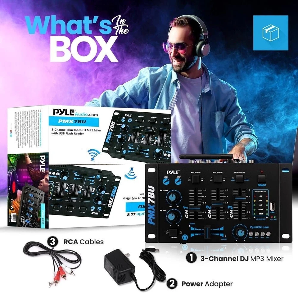 Pyle Bluetooth 3-Channel DJ MP3 Mixer, Mic-Talkover, USB Flash Reader - Image 2 of 4