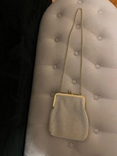 VINTAGE White Beaded Clutch Purse With Adjustable Gold Chain Strap