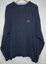 Vintage Y2K Tommy Hilfiger Cable Knit Sweater Men's Sz XL Navy Blue Crest Logo