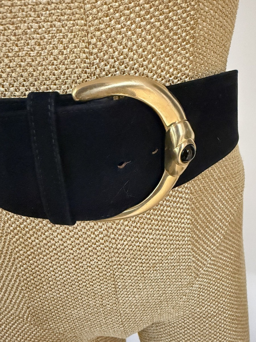 Vintage Donna Karan Black suede belt Gold w/ black stone 