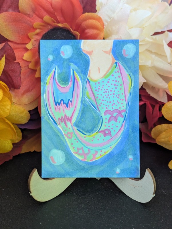 ACEO OOAK ATC, Mermaid, Whimsy, Ocean, Fish, Cottagecore, Bubbles Eggdropdupe