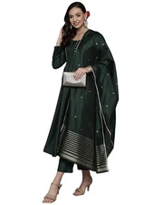ANNI DESIGNER Women's Cotton Silk Blend Solid Anarkali Kurta and Pant with Du...