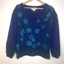 West Bay Vintage Blue Green 100 Wool Floral Knit V Neck Chunky Sweater medium