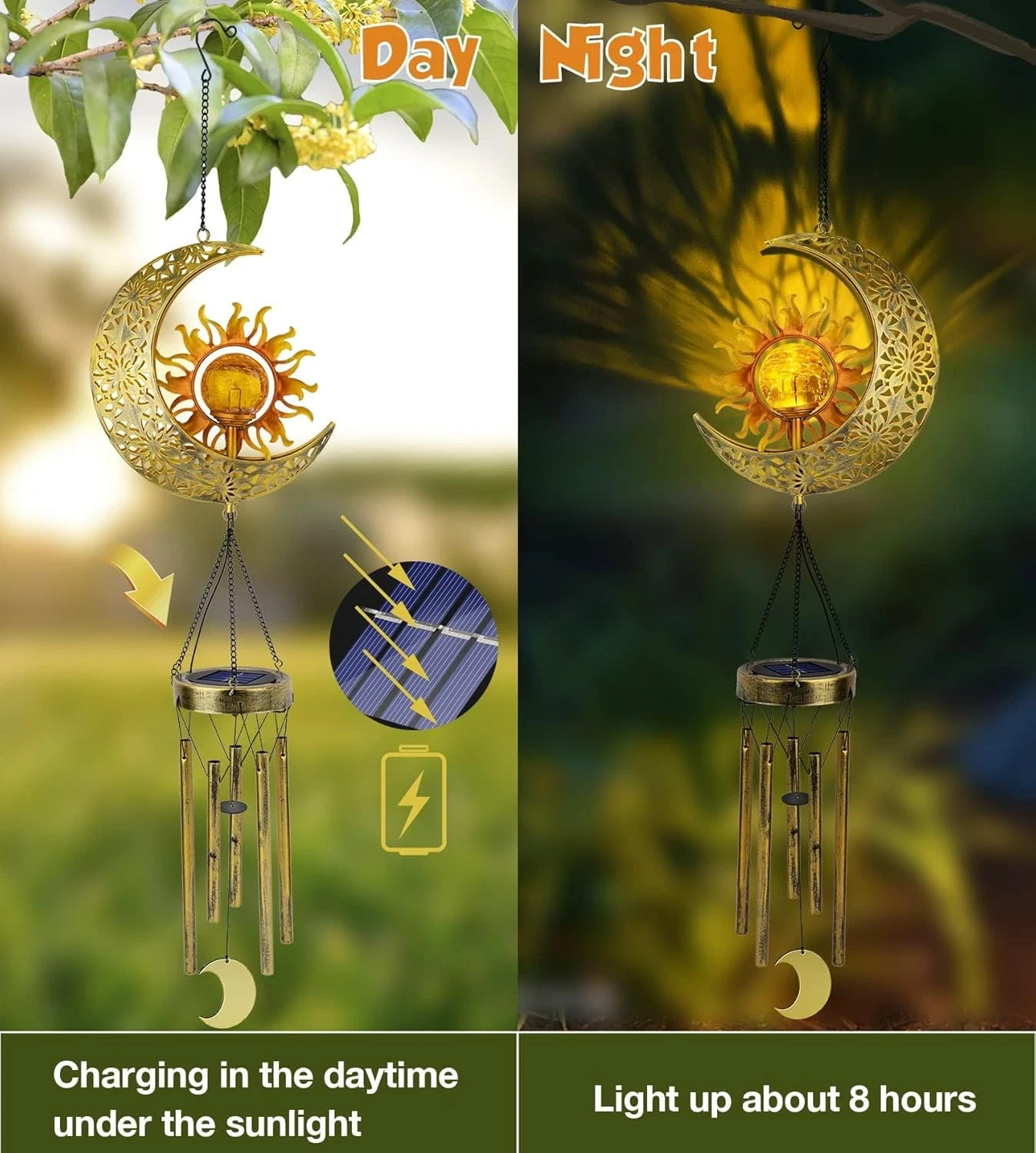 Sun Moon Solar Wind Chimes, 47-Inch Large Waterproof Windchimes for outside with