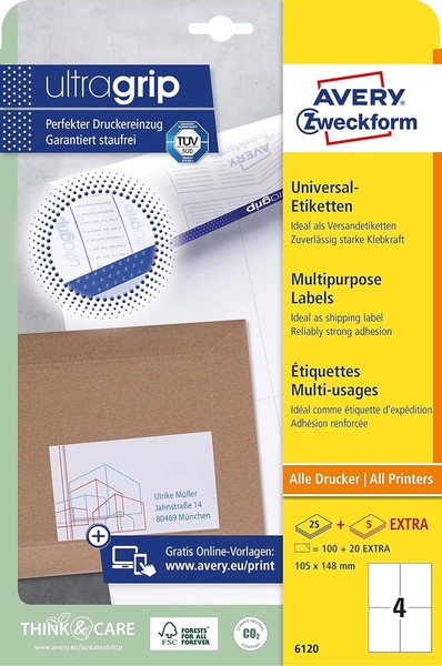 Avery Zweckform Universal-Etiketten 105 X 148 Mm Weiß 120 Etiketten-image