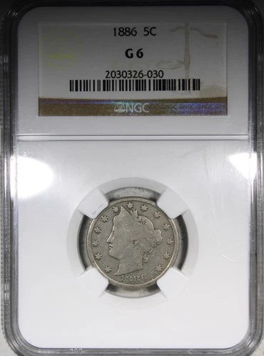 1886 Liberty V-Nickel NGC G6 KEY DATE 5C Low Grade