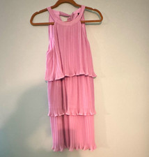 Women's Solid Round Neck Sleeveless A-Line Short Dress, Pleated Layered, M