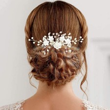 Flower Bridal Hair Vine Pieces with Comb Pearl Floral Rhinestone Leaf White W...
