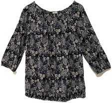 J.Jill size M blue floral print top blouse tee elastic neck and hem 3/4 sleeves