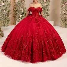 Red Shiny Quinceanera Dresses Ball Gown Off The Shoulder Applique Flower Beading
