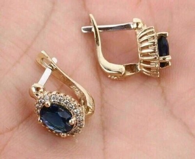 2Ct Oval Lab Created Blue Sapphire Heggie Hoop Earrings 14K Yellow Gold Plated