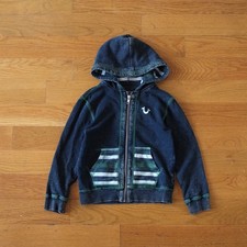 True Religion Zip Hoodie Kids Blue Green Contrast Stitch Logo Print Size 4