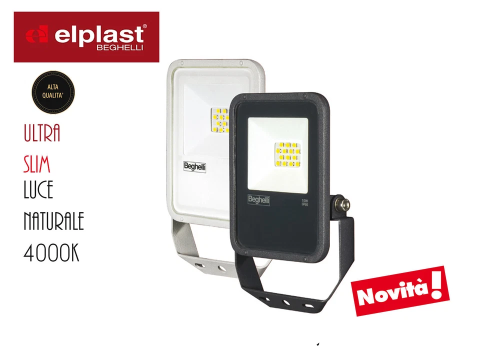 FARO FARETTO A LED 10W 20W 30W 50W 100W 200W BEGHELLI DA ESTERNO 4000K SLIM - Immagine 2 di 3